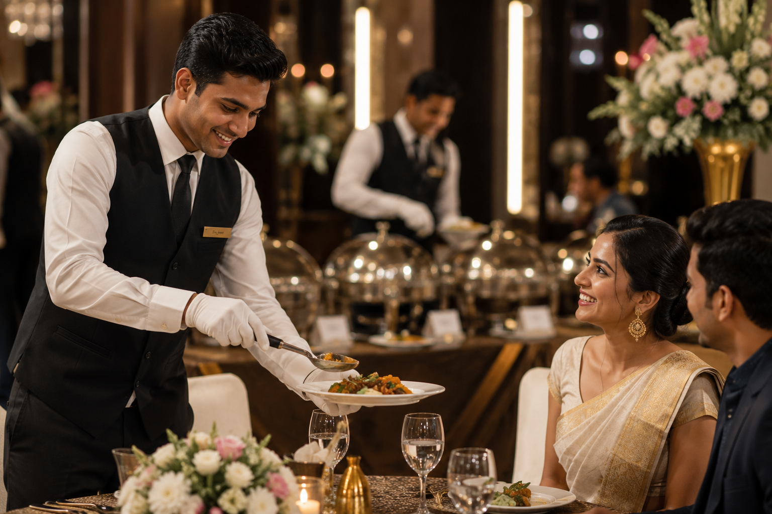 Waiter serving fine dining guests in an elegant banquet hall