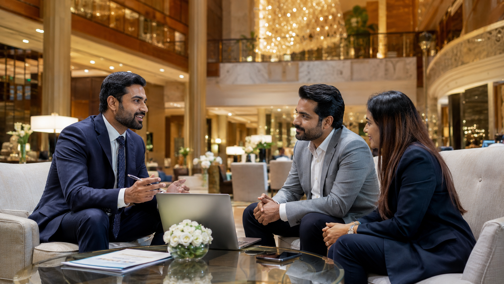 Kimayaa hospitality consultants meeting with clients in a luxury hotel lobby